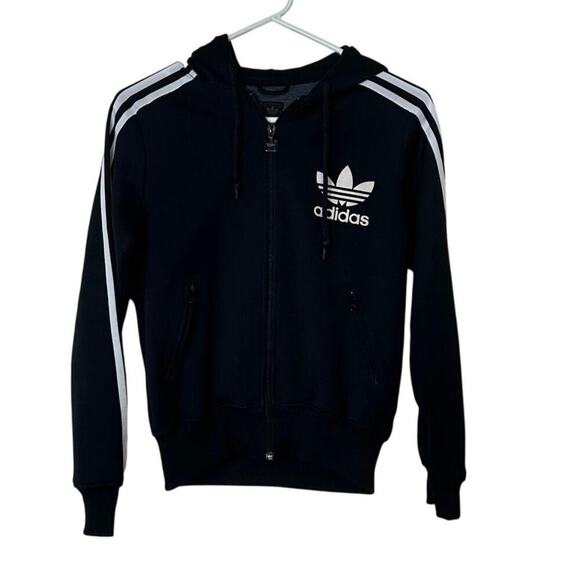 Adidas Y2K Zip Up Hooded Jacket Size M Striped Sleeves Trefoil Logo Black White - Picture 1 of 15